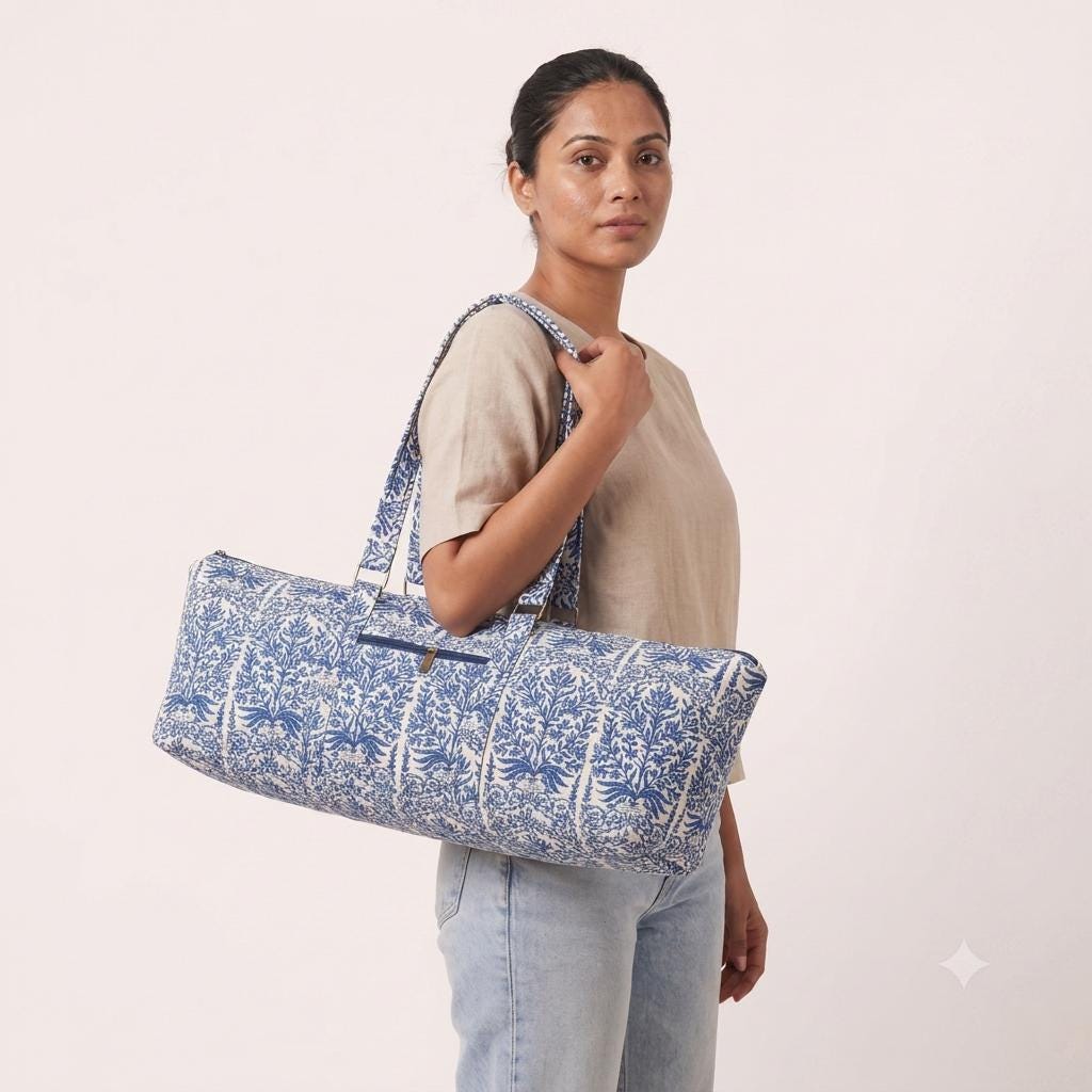 Handmade Quilted Cotton Duffle Bag, Blue White Floral Weekender, Carry On Travel Tote