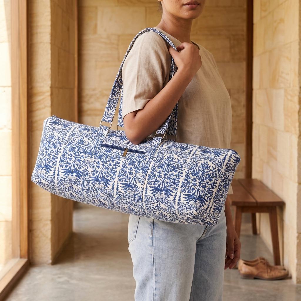 Handmade Quilted Cotton Duffle Bag, Blue White Floral Weekender, Carry On Travel Tote
