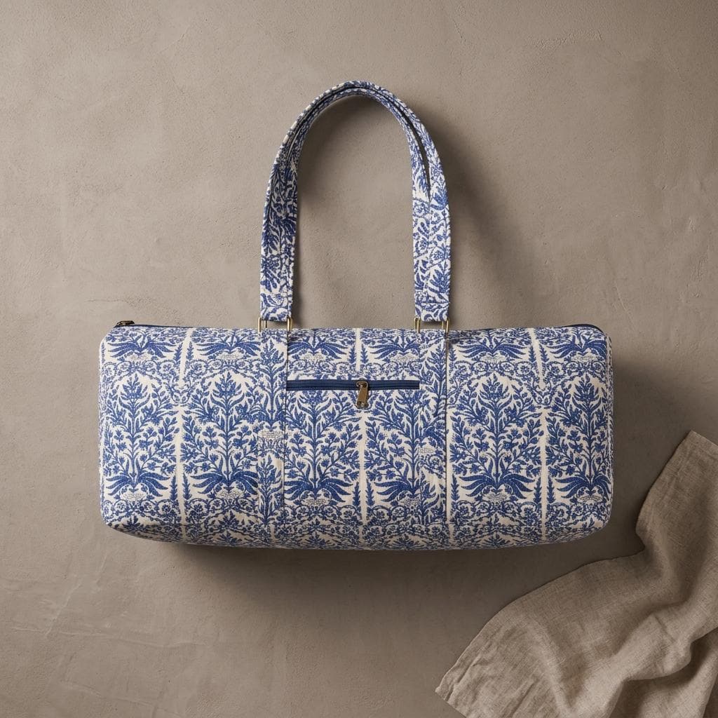 Handmade Quilted Cotton Duffle Bag, Blue White Floral Weekender, Carry On Travel Tote