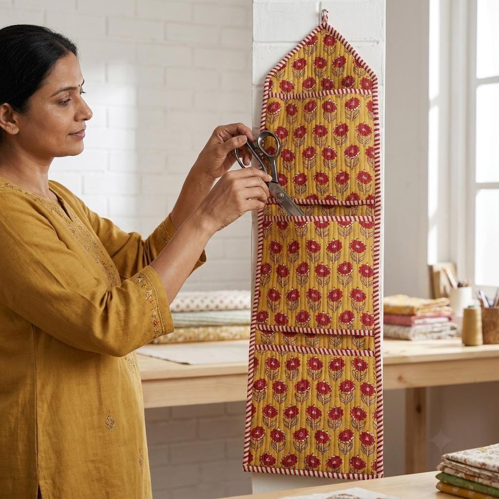 Handmade Quilted Cotton Wall Organizer, Mustard Floral Pocket Holder, Hanging Storage, Home Decor