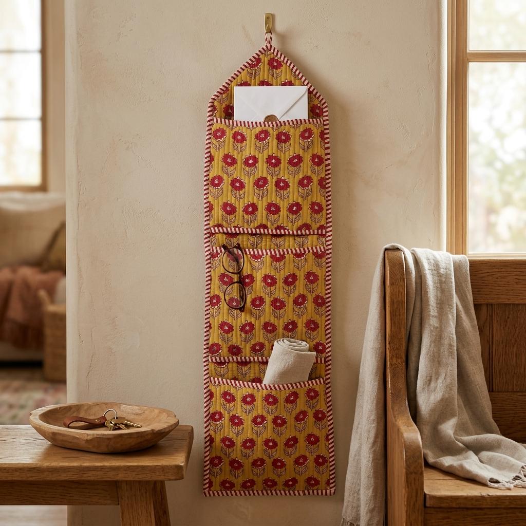 Handmade Quilted Cotton Wall Organizer, Mustard Floral Pocket Holder, Hanging Storage, Home Decor