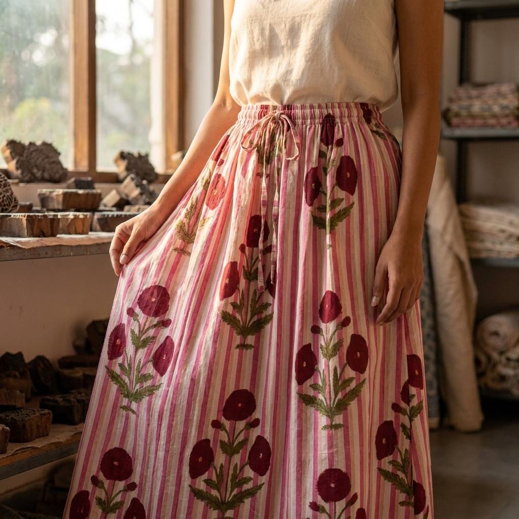 Handmade Cotton Maxi Skirt, Pink White Floral Boho, Tiered Summer Apparel, Elastic Waist