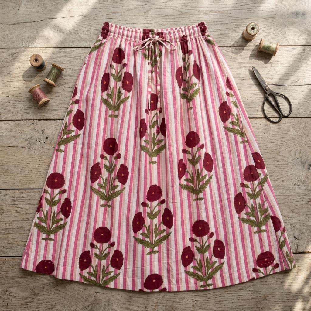 Handmade Cotton Maxi Skirt, Pink White Floral Boho, Tiered Summer Apparel, Elastic Waist