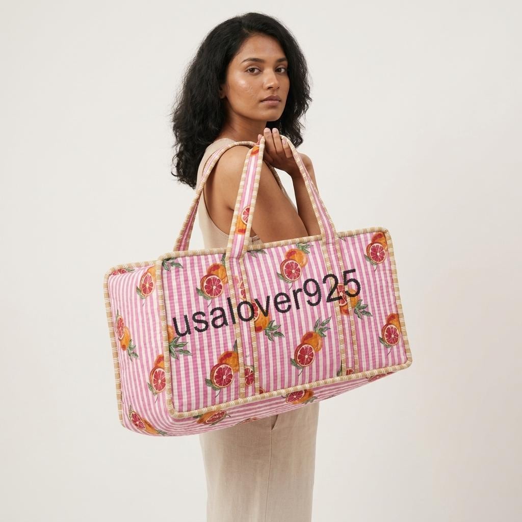 Handmade Quilted Cotton Mahjong Bag, Pink Citrus Orange Print Game Tote
