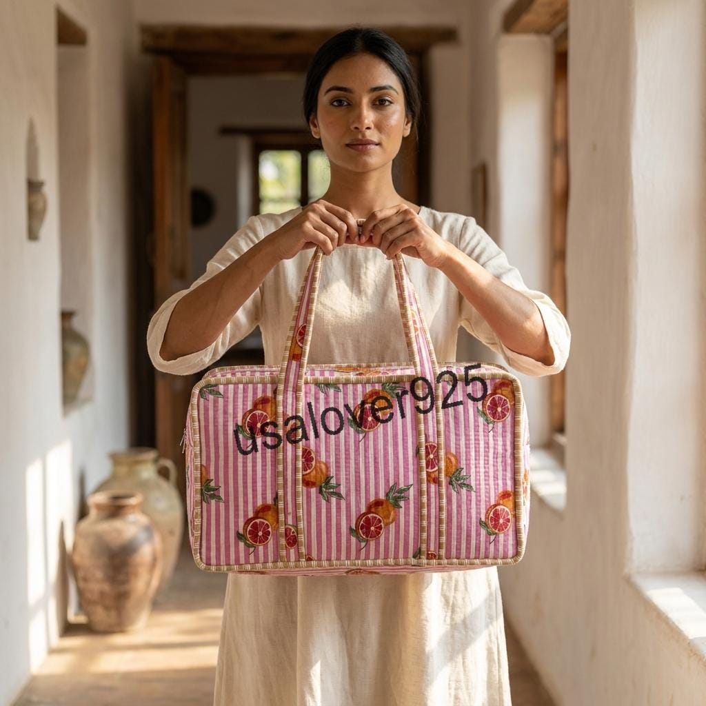 Handmade Quilted Cotton Mahjong Bag, Pink Citrus Orange Print Game Tote