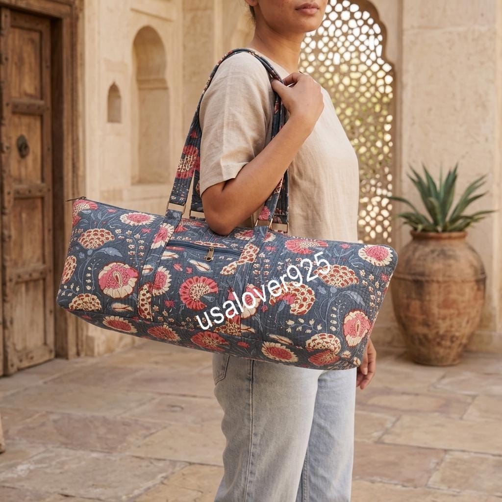 Quilted Cotton Duffle Bag, Floral Block Print Yoga Mat Carrier, Mahjong Storage Travel Tote