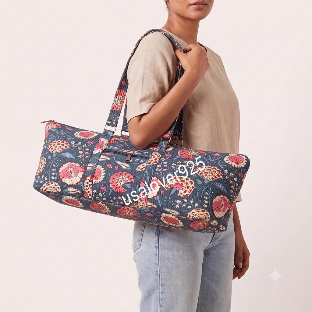 Quilted Cotton Duffle Bag, Floral Block Print Yoga Mat Carrier, Mahjong Storage Travel Tote