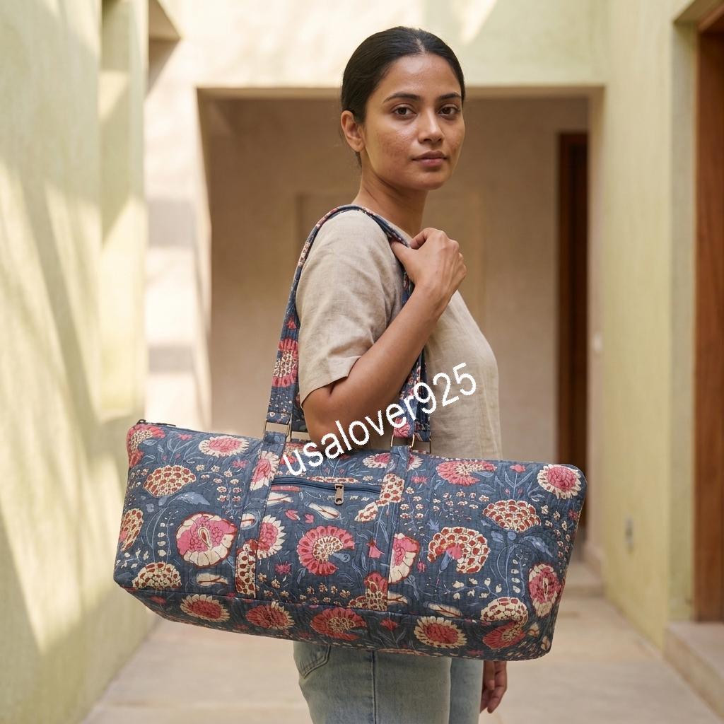 Quilted Cotton Duffle Bag, Floral Block Print Yoga Mat Carrier, Mahjong Storage Travel Tote