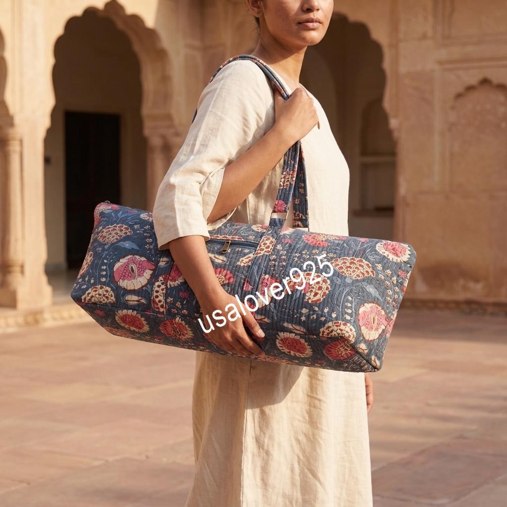 Quilted Cotton Duffle Bag, Floral Block Print Yoga Mat Carrier, Mahjong Storage Travel Tote