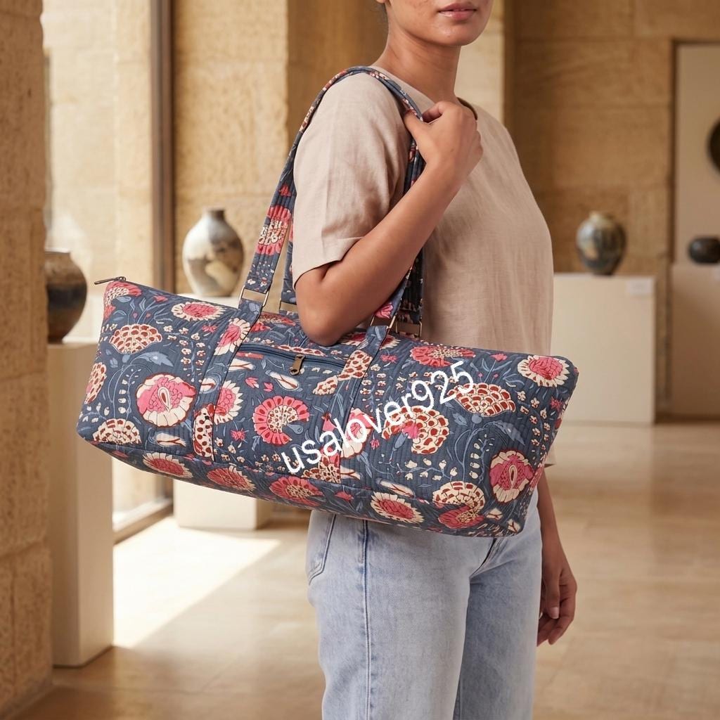Quilted Cotton Duffle Bag, Floral Block Print Yoga Mat Carrier, Mahjong Storage Travel Tote