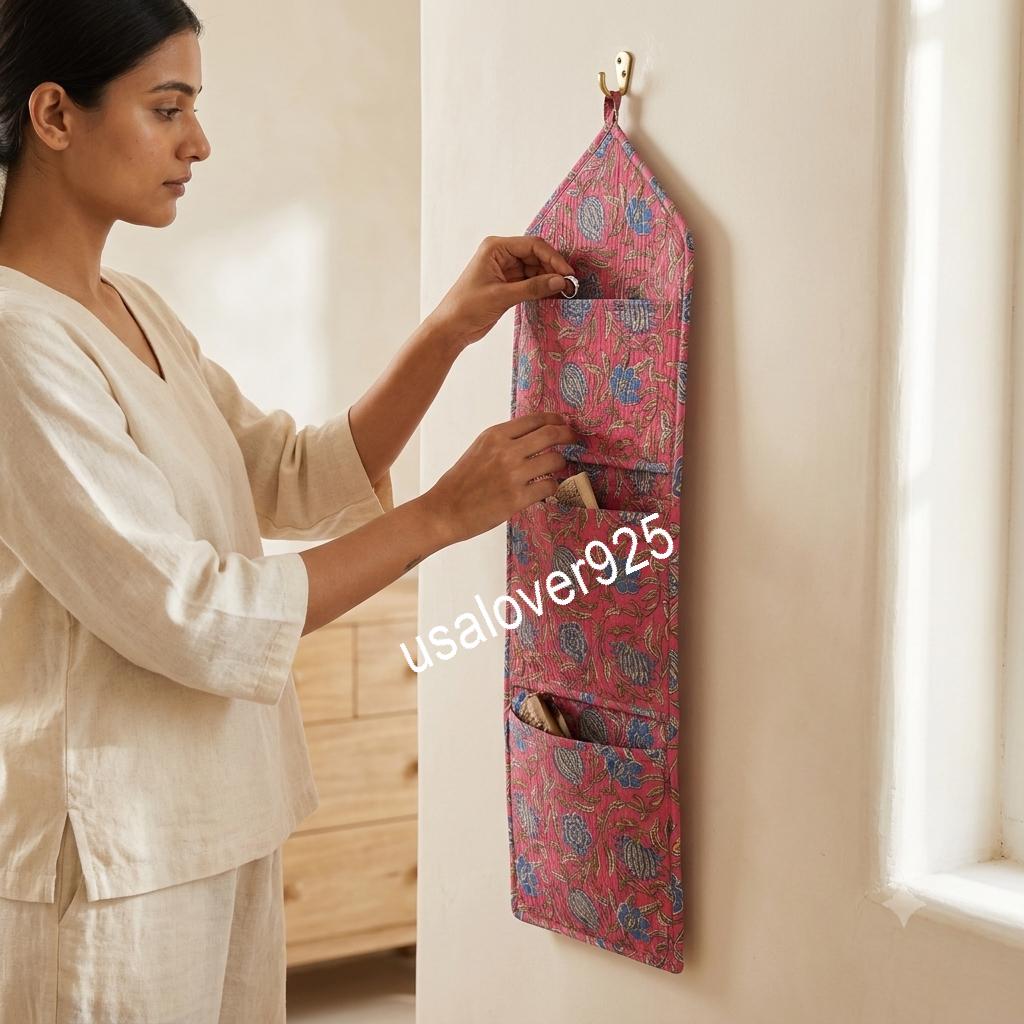 Handmade Quilted Cotton Wall Organizer, Pink Blue Floral Pocket Holder, Hanging Storage, Home Decor