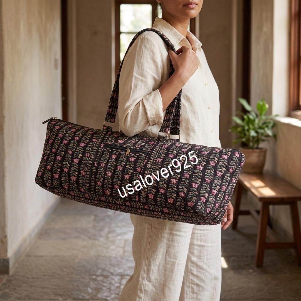 Handmade Quilted Duffle Bag, Floral Block Print Yoga Mat Carrier, Mahjong Travel Tote Bag