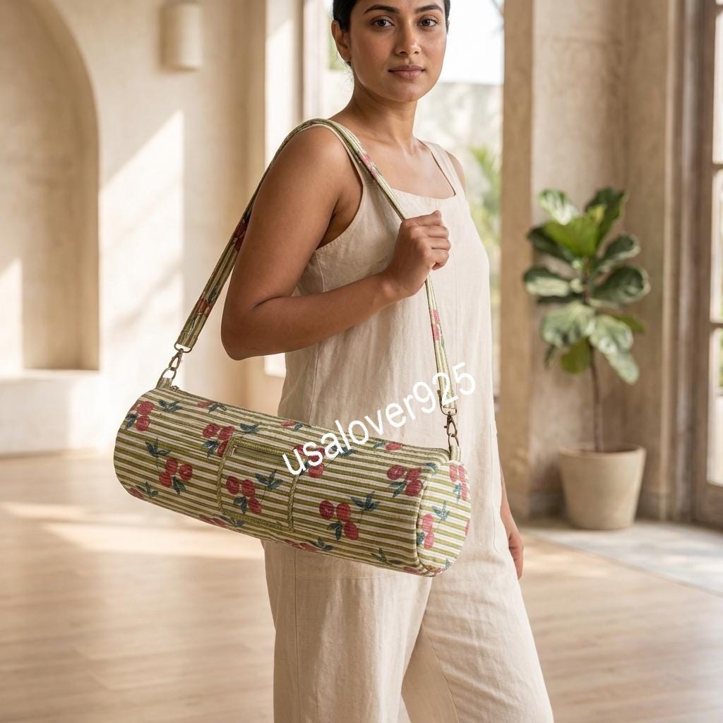 Quilted Cotton Yoga Mat Bag, Green Cherry Print, Crossbody Sling Carrier