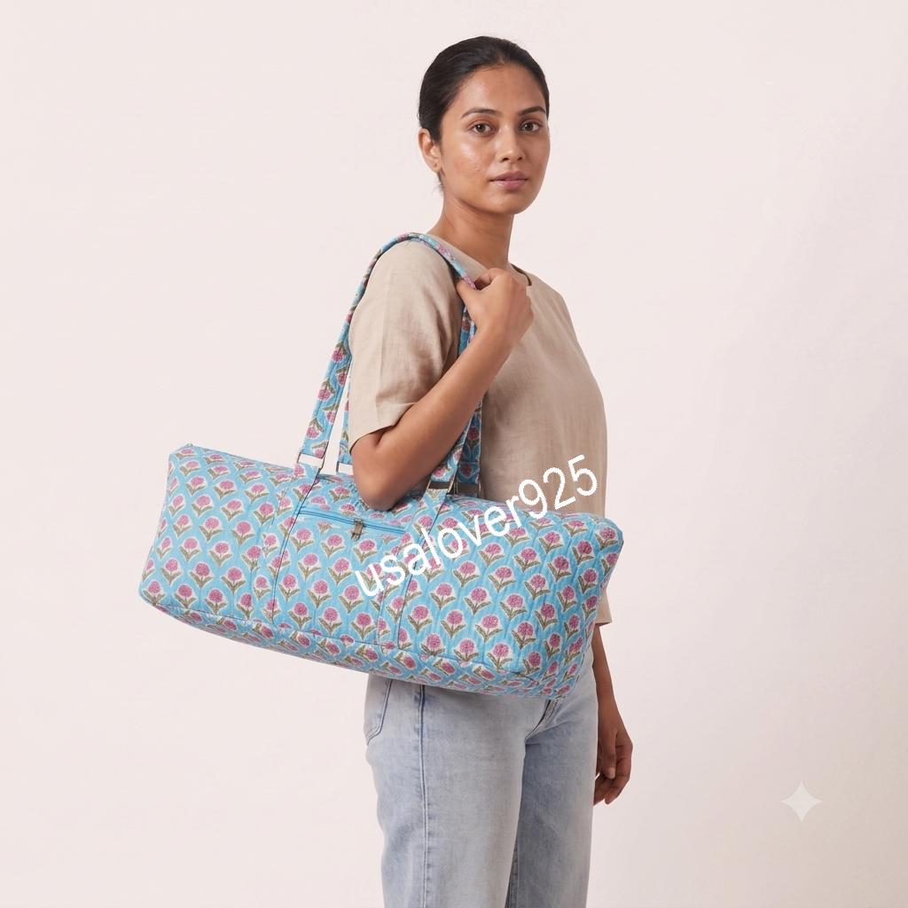 Quilted Yoga Mat Bag, Blue Floral Block Print Duffle, Handmade Cotton Travel Tote
