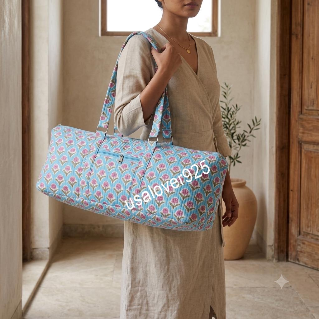Quilted Yoga Mat Bag, Blue Floral Block Print Duffle, Handmade Cotton Travel Tote