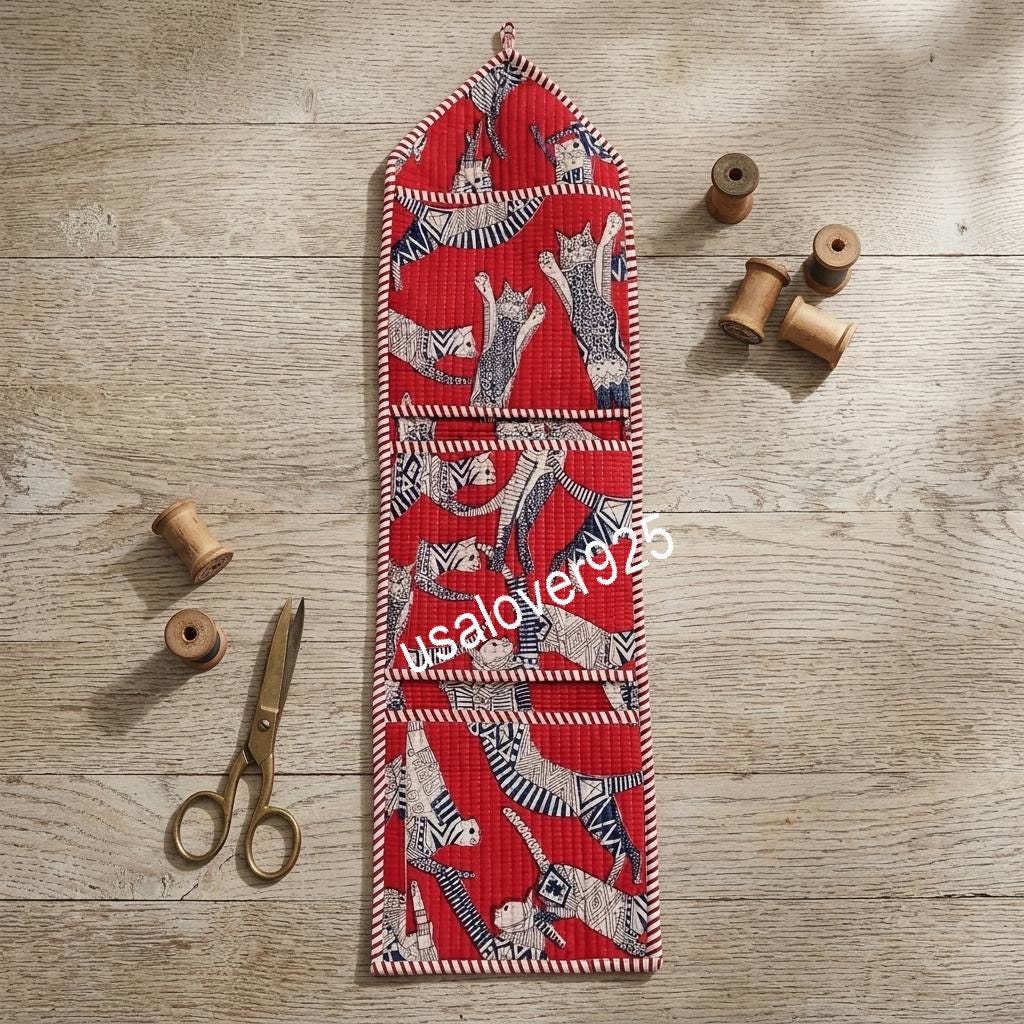Handmade Quilted Cotton Wall Organizer, Red Cat Print Pocket Holder, Hanging Storage, Home Decor