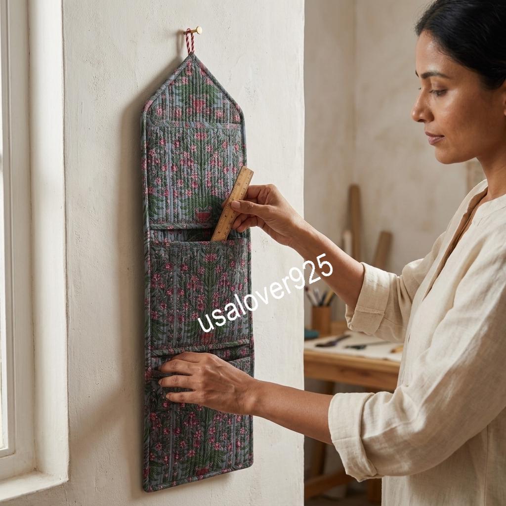 Handmade Quilted Cotton Wall Organizer, Grey Floral Pocket Holder, Hanging Storage, Home Decor