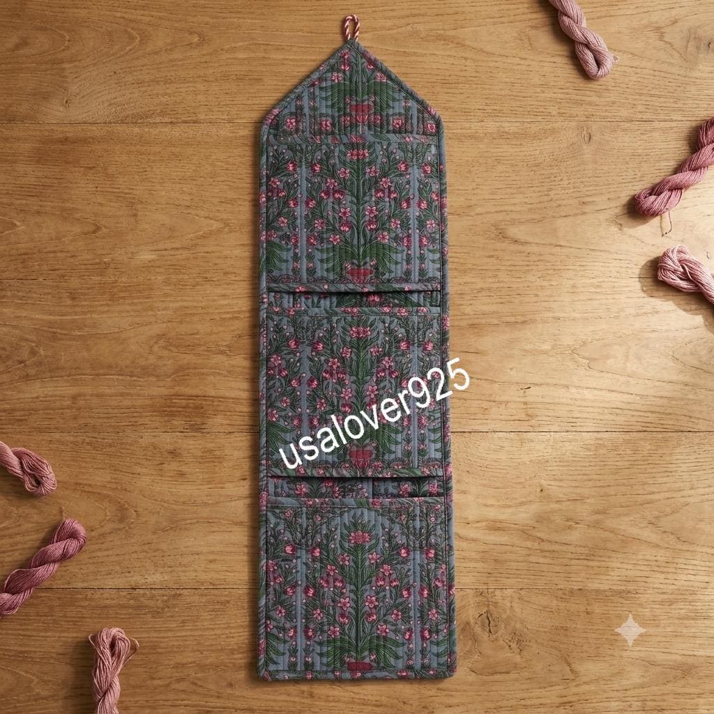 Handmade Quilted Cotton Wall Organizer, Grey Floral Pocket Holder, Hanging Storage, Home Decor