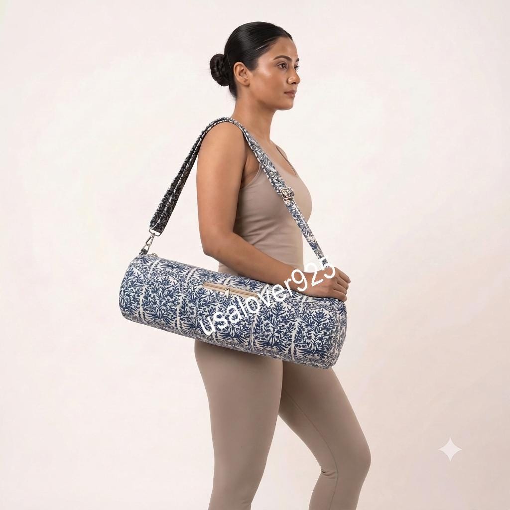 Quilted Yoga Mat Bag Blue Block Print Duffle Mahjong Tile Carrier Handmade Cotton Gym Tote