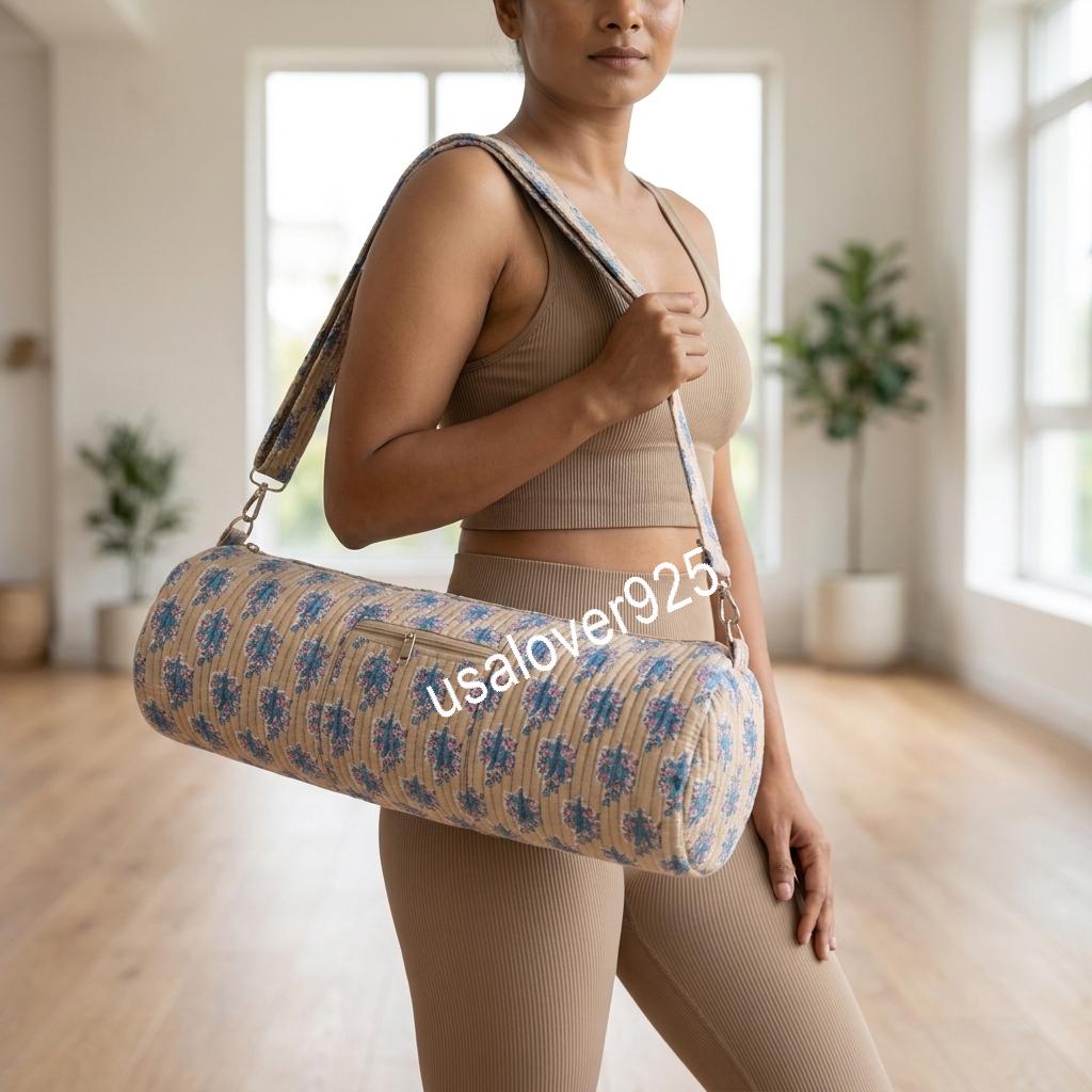 Quilted Cotton Yoga Mat Bag: Blue Floral Block Print Gym Tote