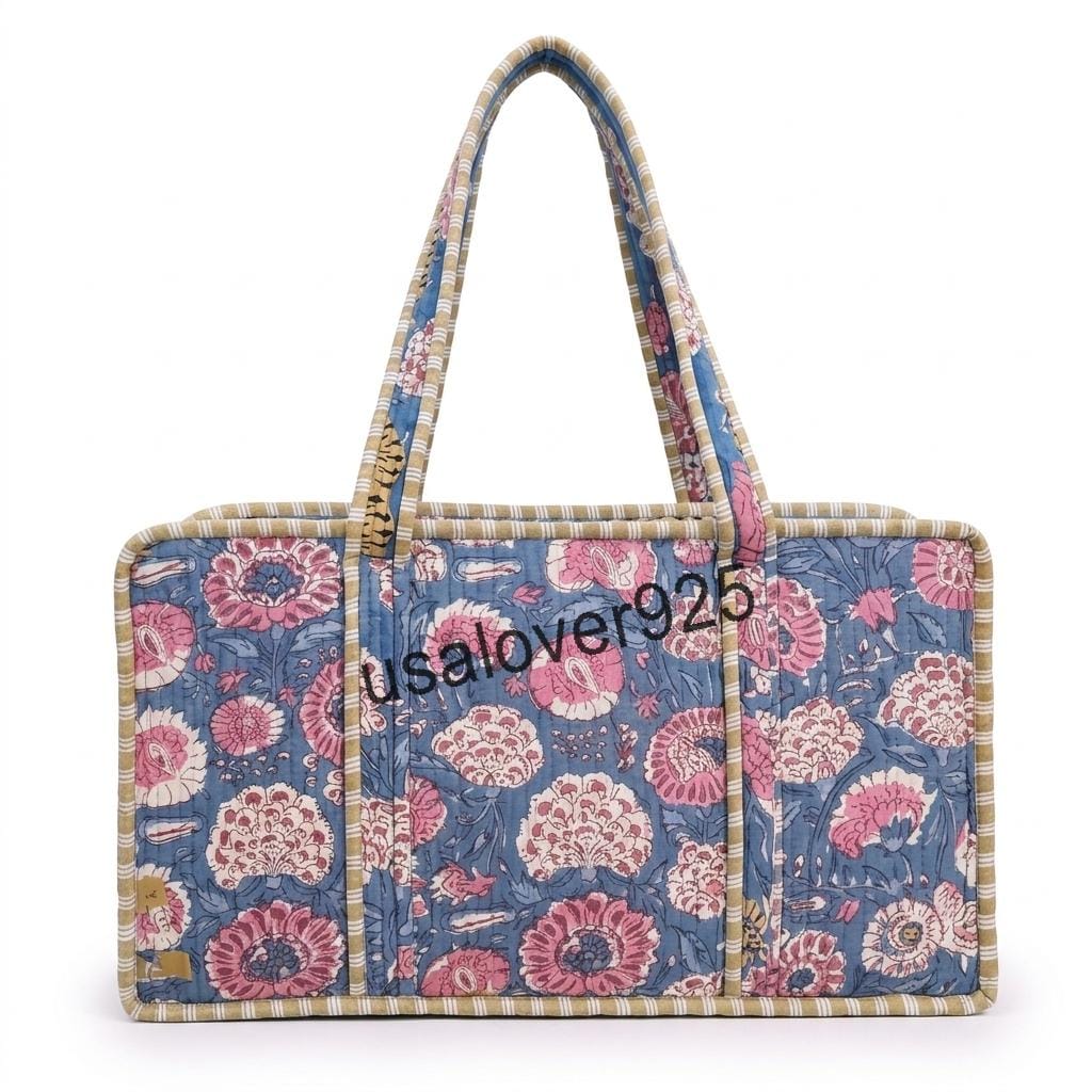Mahjong Tile Bag, Quilted Blue Pink Floral Block Print Carrier, Handmade Cotton Travel Tote