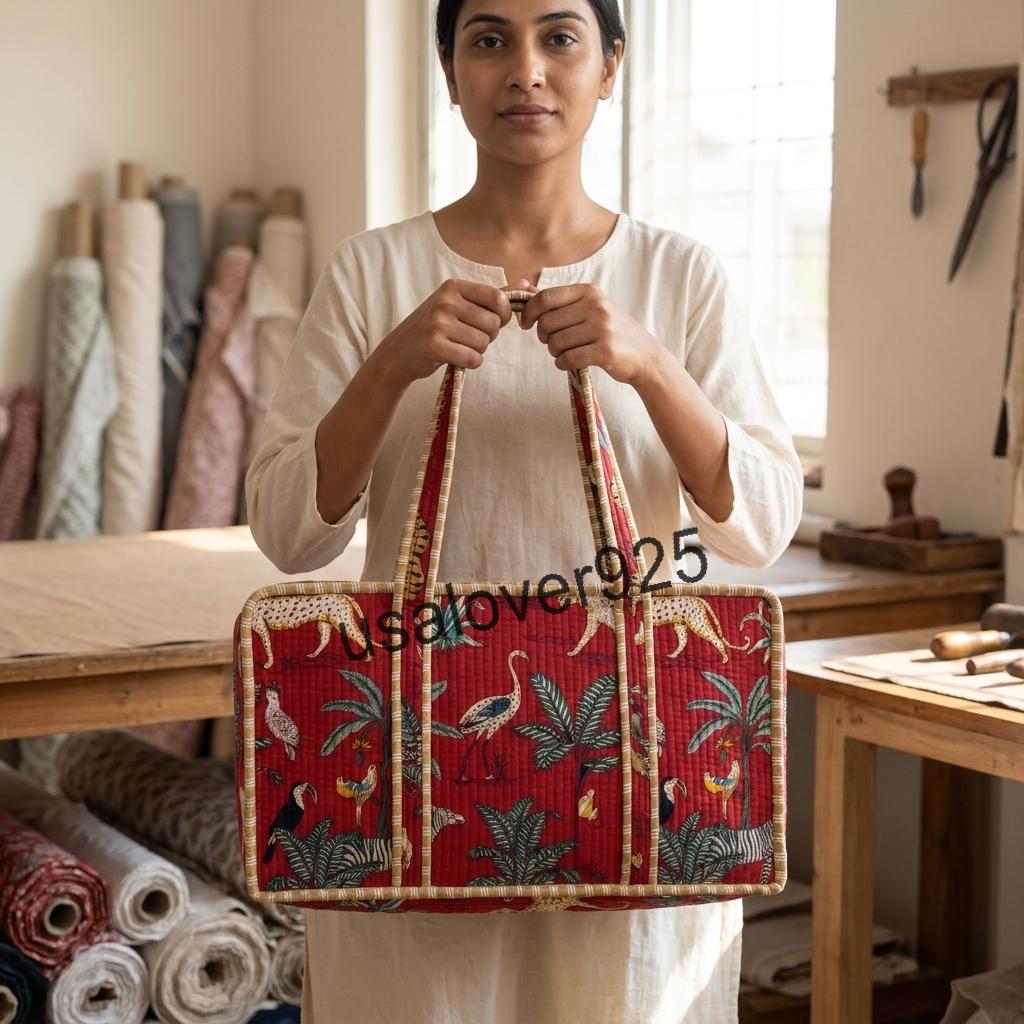 Quilted Cotton Mahjong Tile Bag: Red Jungle Animal Print Travel Tote