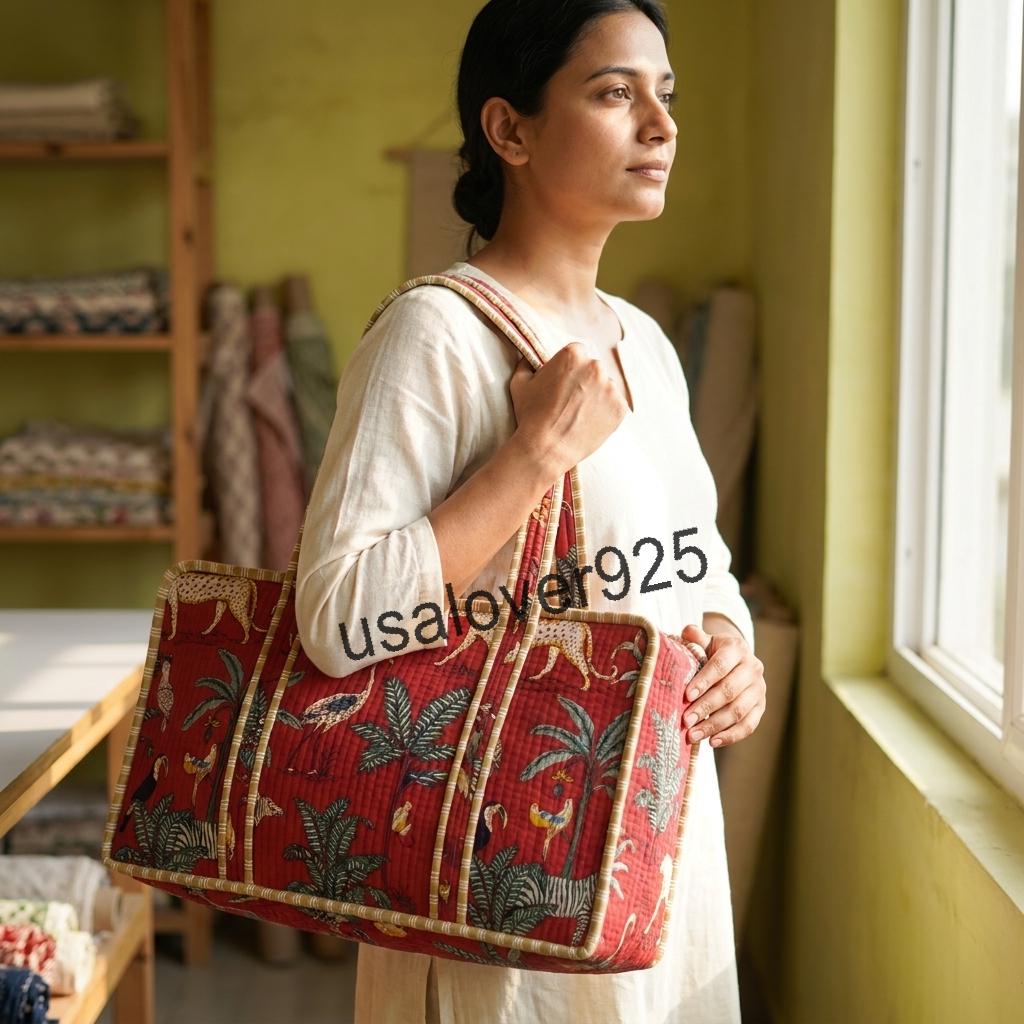 Quilted Cotton Mahjong Tile Bag: Red Jungle Animal Print Travel Tote