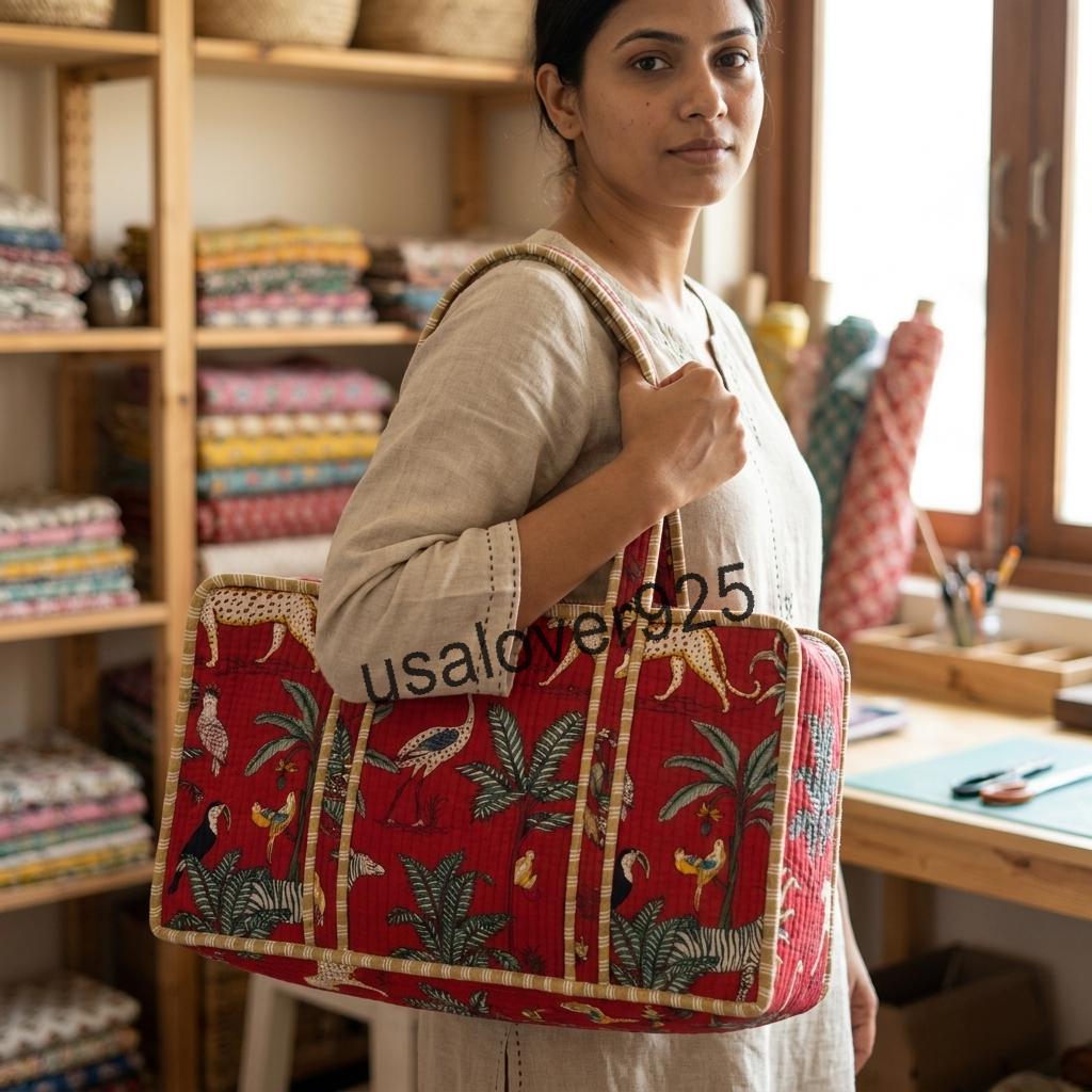 Quilted Cotton Mahjong Tile Bag: Red Jungle Animal Print Travel Tote