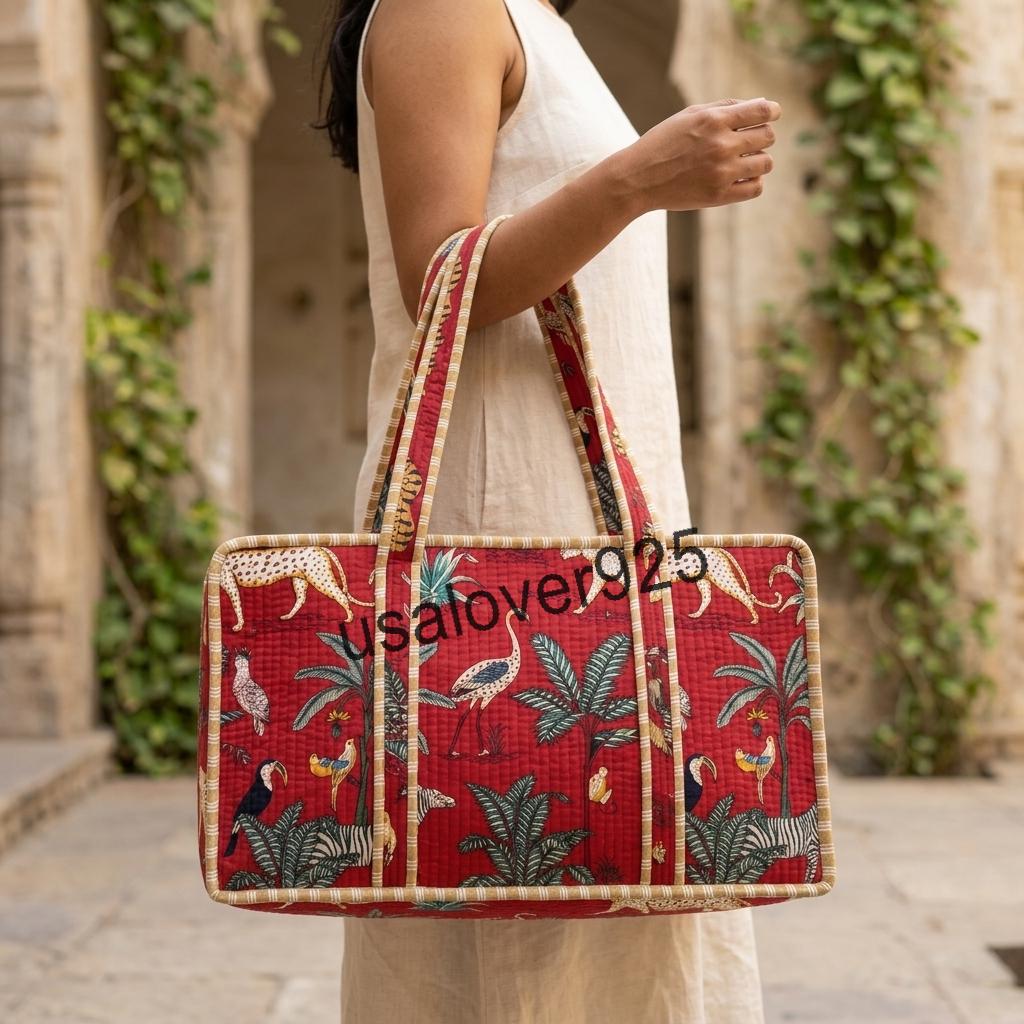 Quilted Cotton Mahjong Tile Bag: Red Jungle Animal Print Travel Tote