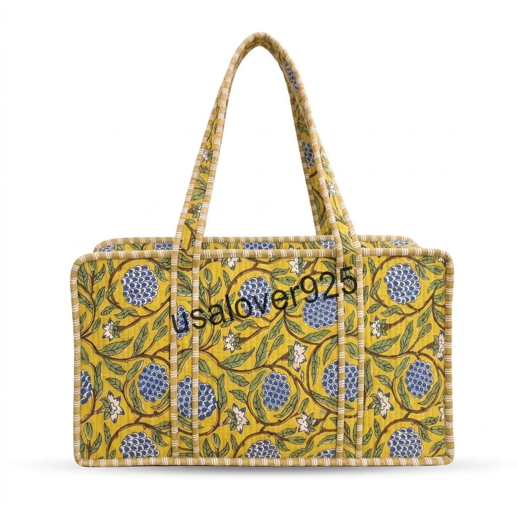 Handmade Quilted Cotton Mahjong Bag, Yellow Blue Floral Game Tile Storage Tote, Travel Carryall