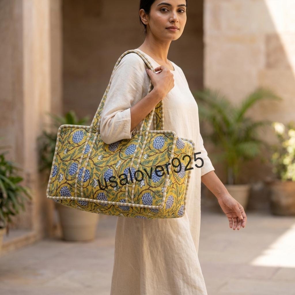 Handmade Quilted Cotton Mahjong Bag, Yellow Blue Floral Game Tile Storage Tote, Travel Carryall
