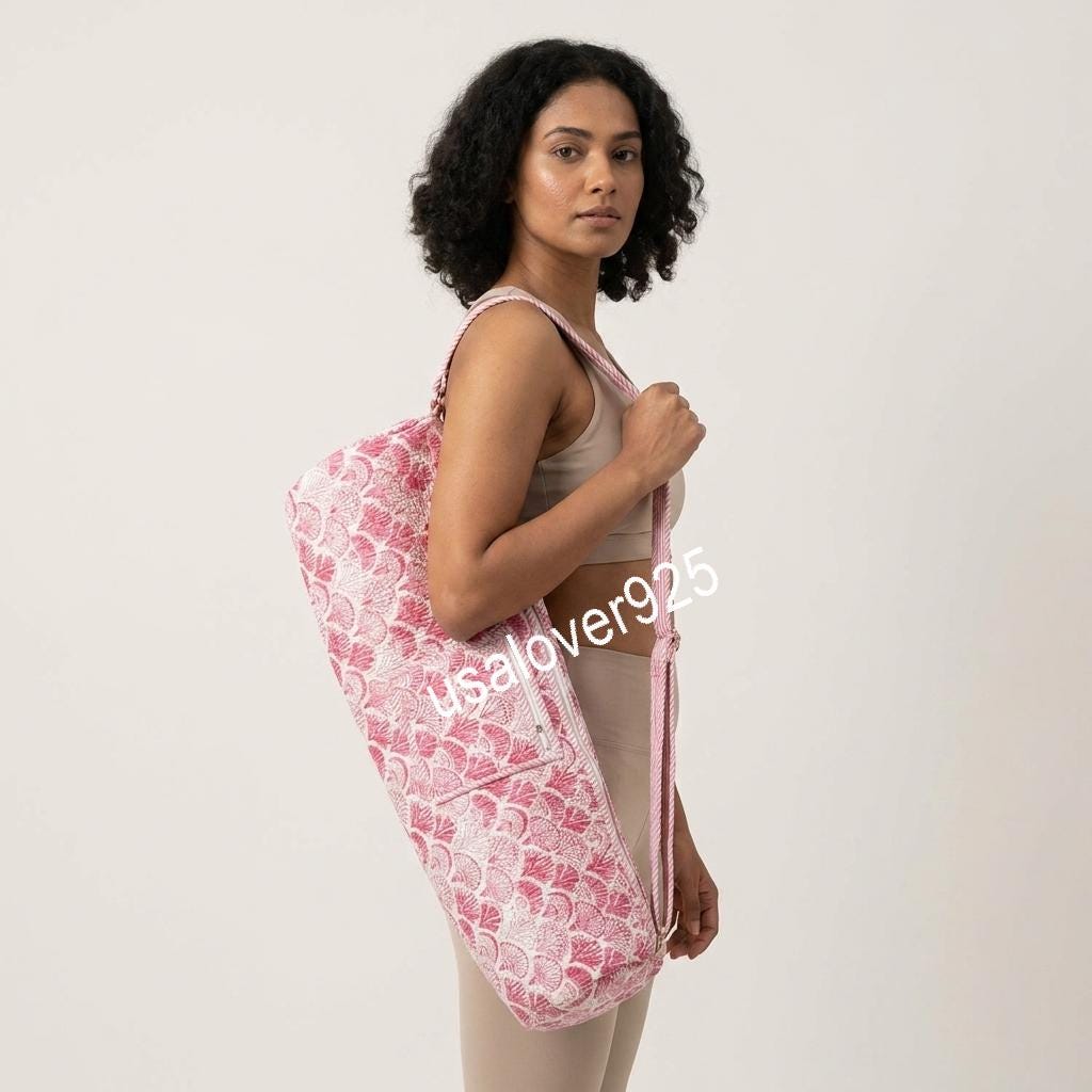 Hand Block Print Cotton Yoga Mat Bag: Pink Fan Scallop Carrier Sling Holder