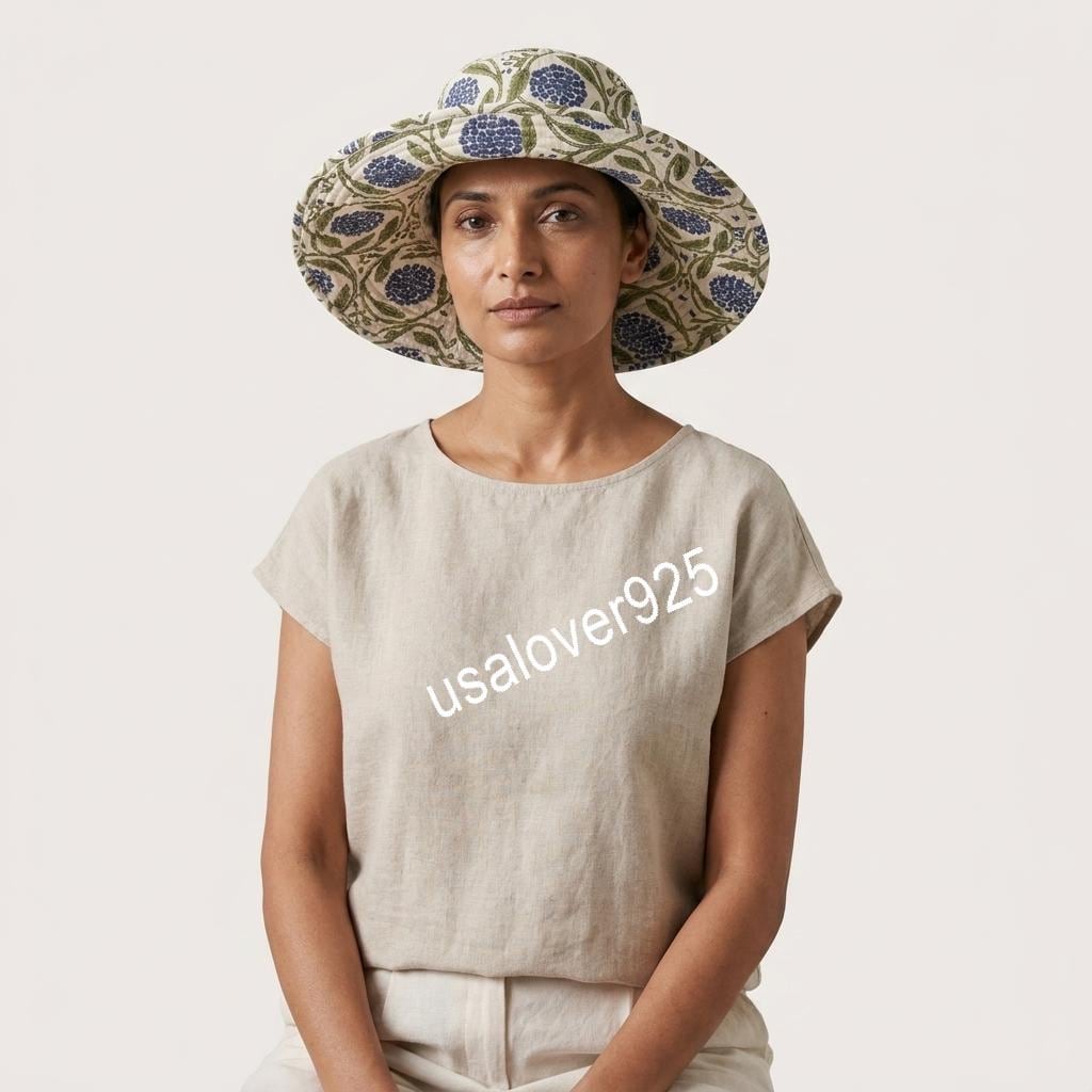 Handmade Cotton Sun Hat, Blue Floral Block Print Wide Brim Bucket Hat