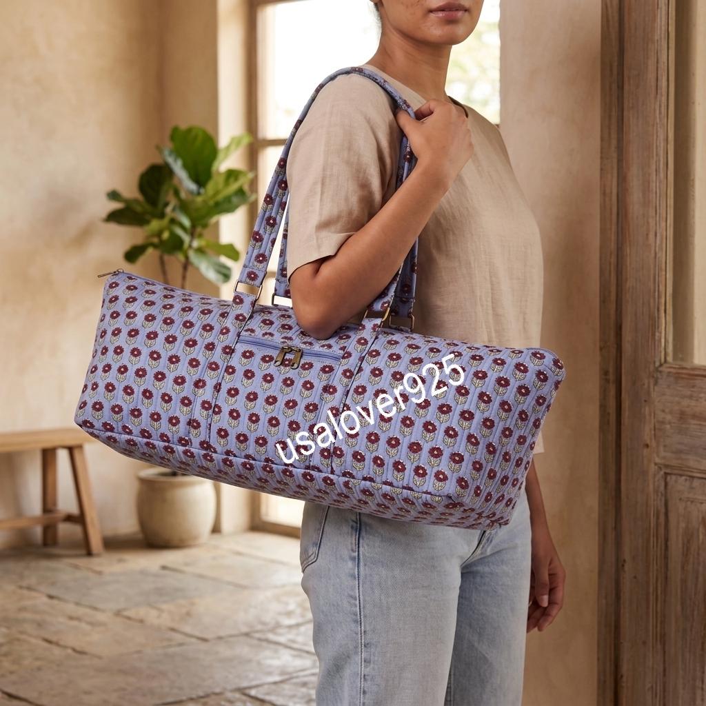 Quilted Yoga Mat Bag, Purple Floral Block Print Duffle, Handmade Cotton Travel Tote