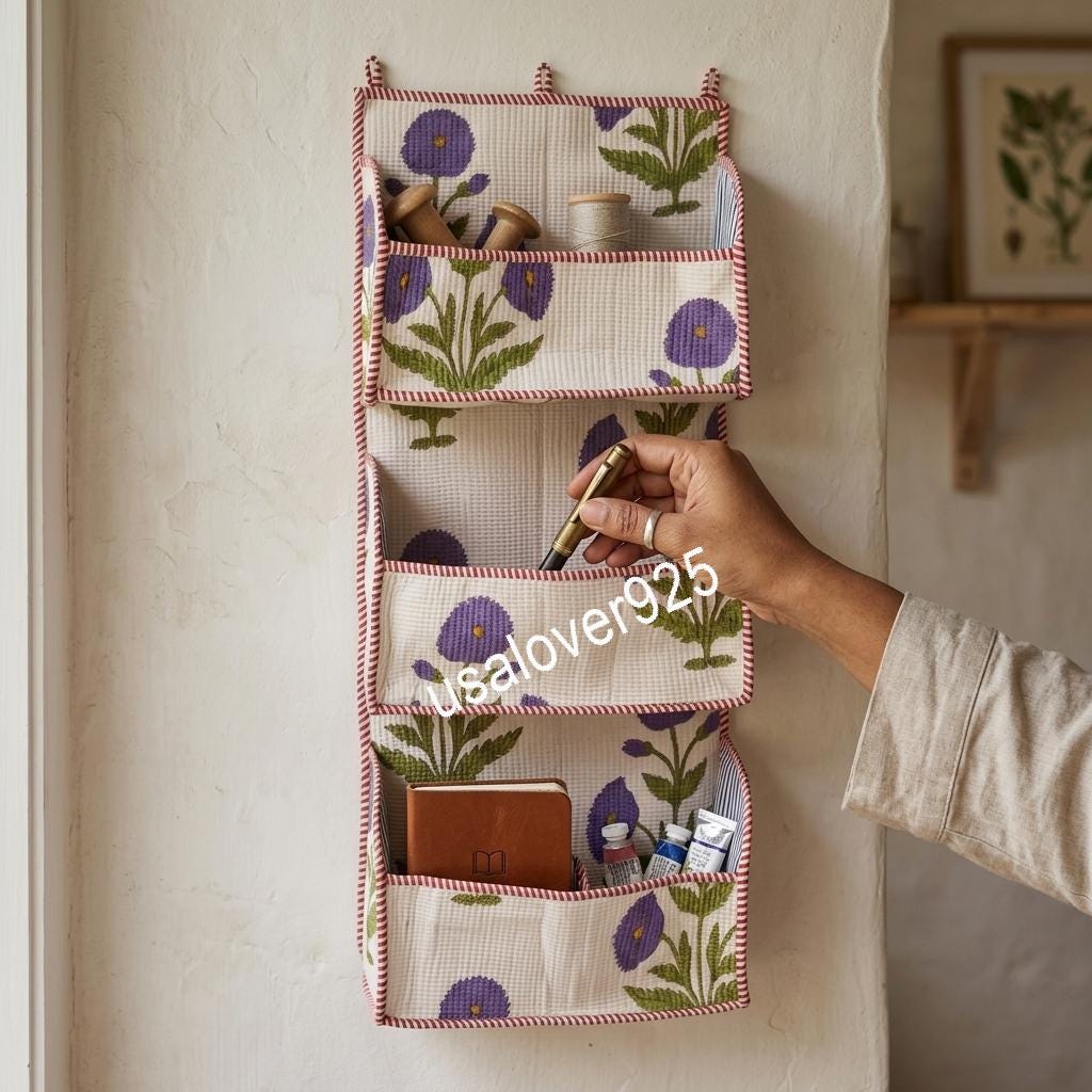 Handmade Quilted Cotton Wall Organizer, Purple Floral Pockets, Hanging Storage Holder