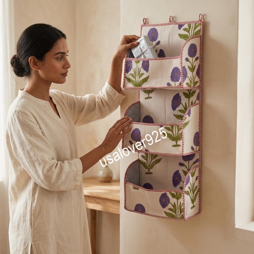Handmade Quilted Cotton Wall Organizer, Purple Floral Pockets, Hanging Storage Holder