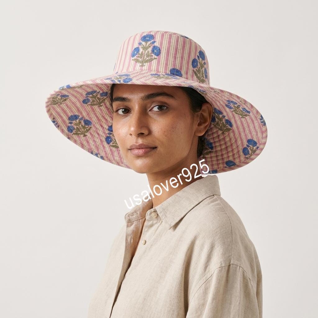 Handmade Cotton Sun Hat, Pink Stripe Blue Floral Block Print Bucket Hat