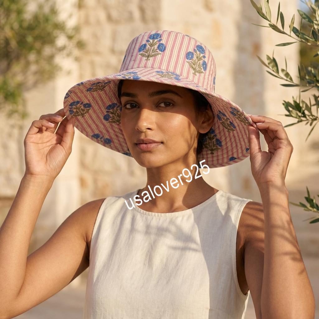 Handmade Cotton Sun Hat, Pink Stripe Blue Floral Block Print Bucket Hat