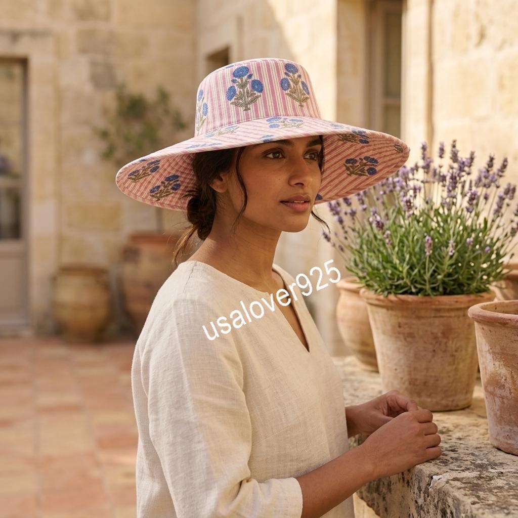 Handmade Cotton Sun Hat, Pink Stripe Blue Floral Block Print Bucket Hat