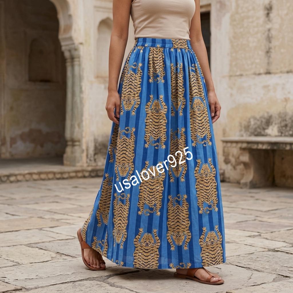 Handmade Cotton Maxi Skirt, Blue Tiger Stripe, Boho Flared Summer Apparel
