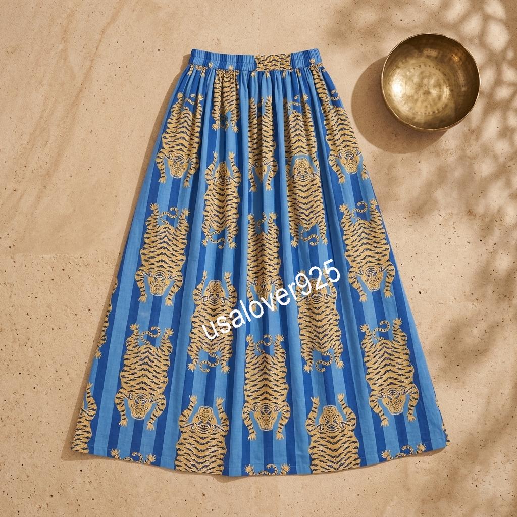 Handmade Cotton Maxi Skirt, Blue Tiger Stripe, Boho Flared Summer Apparel