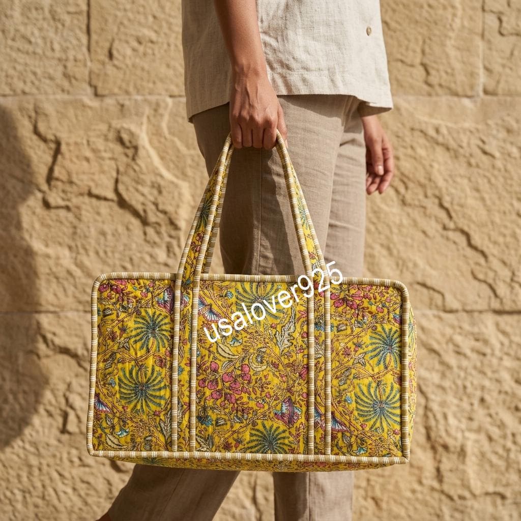 Yellow Floral Mahjong Bag, Hand Block Print Quilted Cotton Game Storage Case