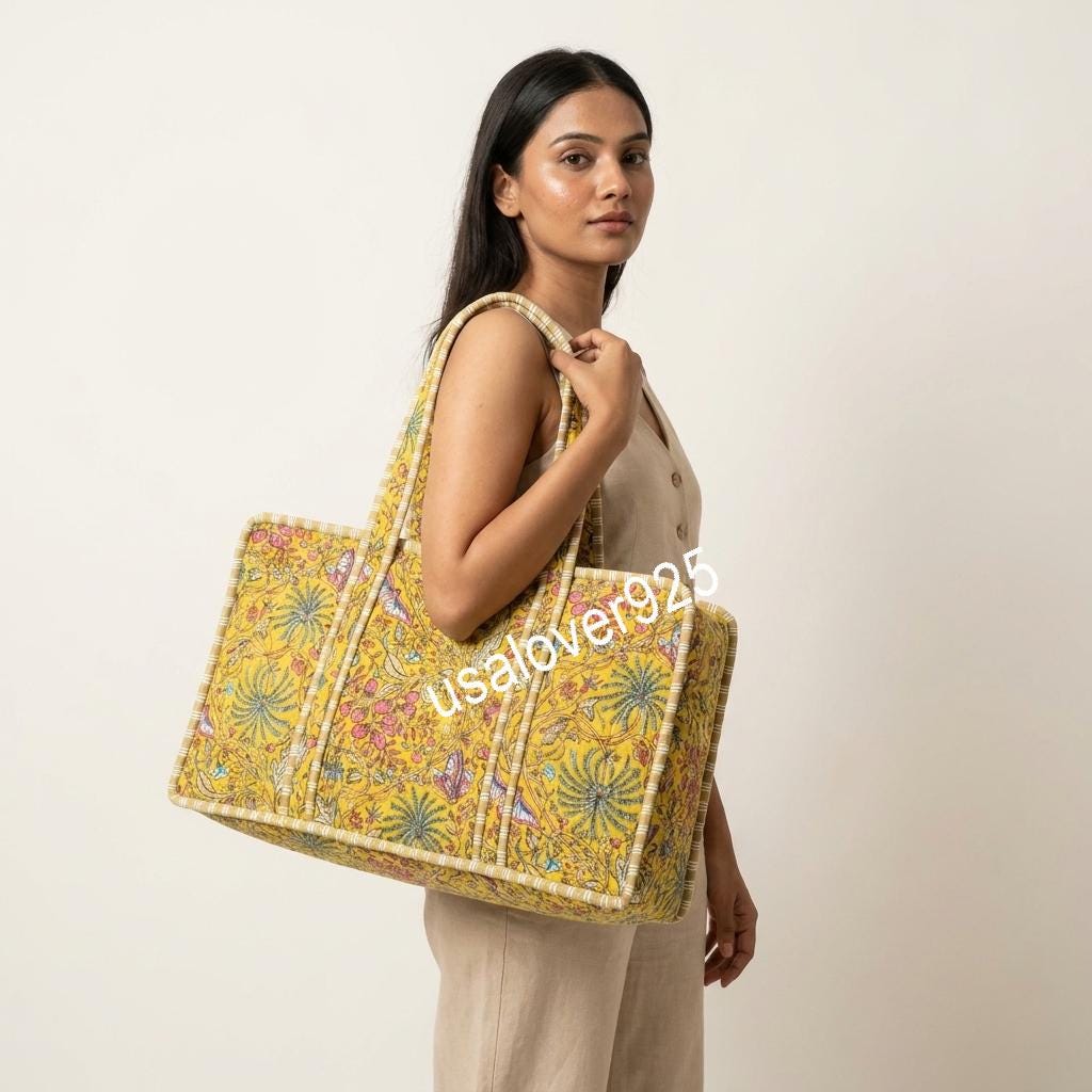 Yellow Floral Mahjong Bag, Hand Block Print Quilted Cotton Game Storage Case