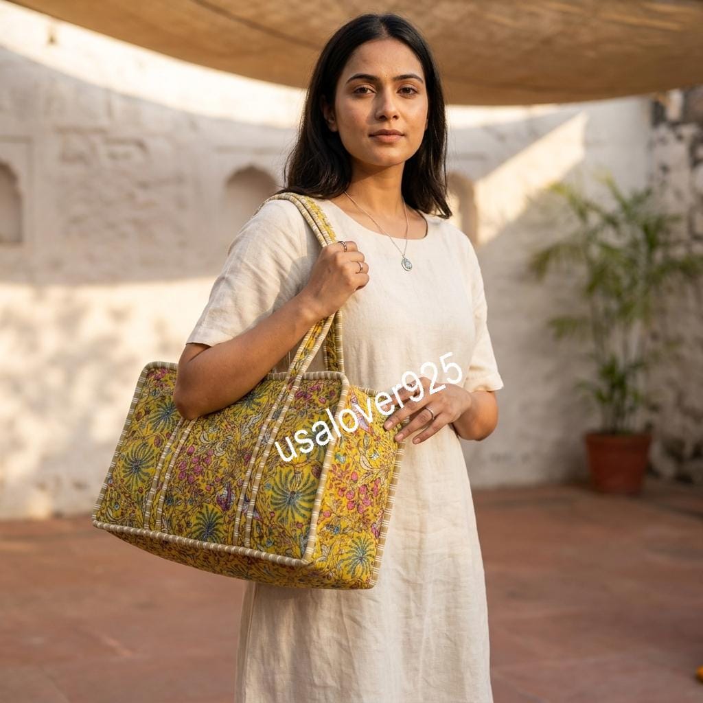 Yellow Floral Mahjong Bag, Hand Block Print Quilted Cotton Game Storage Case