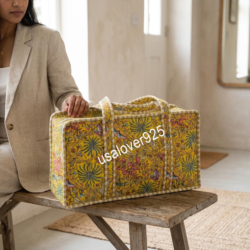 Yellow Floral Mahjong Bag, Hand Block Print Quilted Cotton Game Storage Case