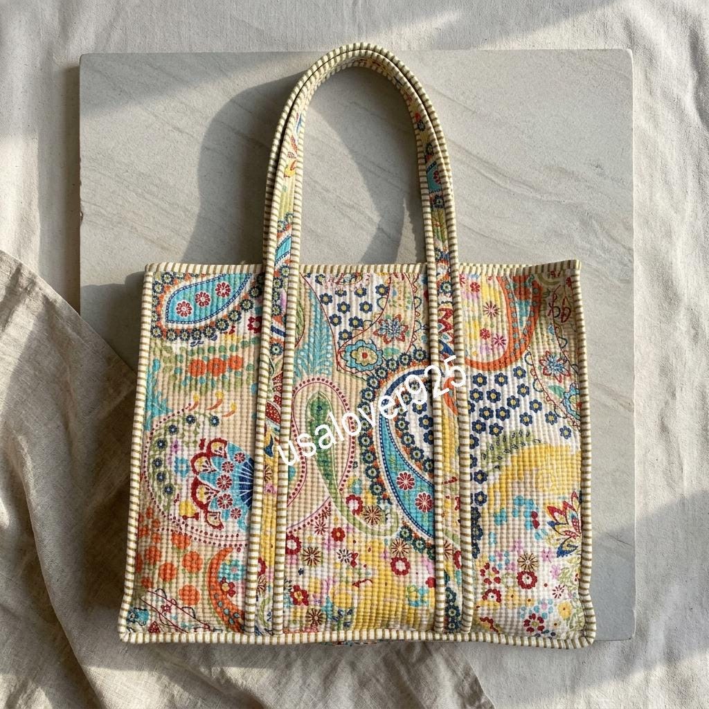 Handmade Quilted Cotton Tote Bag, Yellow Paisley Carryall, Shoulder Shopper, Travel Market Purse