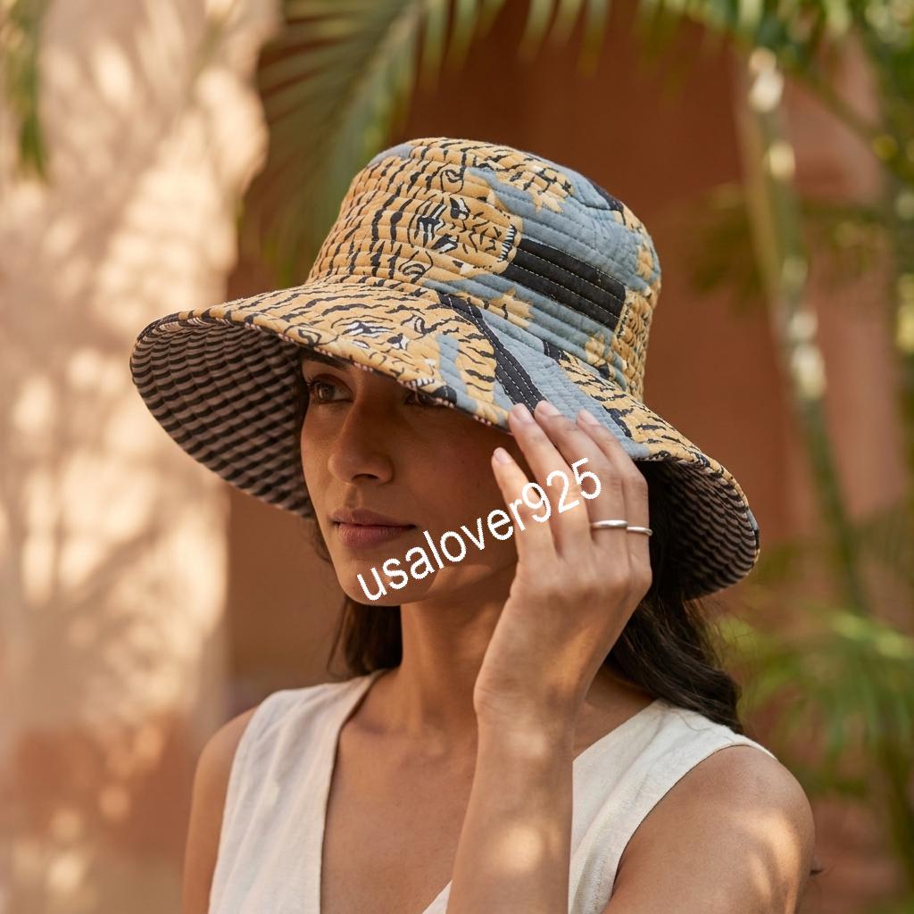 Handmade Quilted Cotton Sun Hat, Tiger Print Wide Brim, Beach Bucket Cap, Summer Accessory