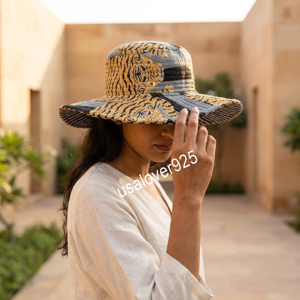 Handmade Quilted Cotton Sun Hat, Tiger Print Wide Brim, Beach Bucket Cap, Summer Accessory