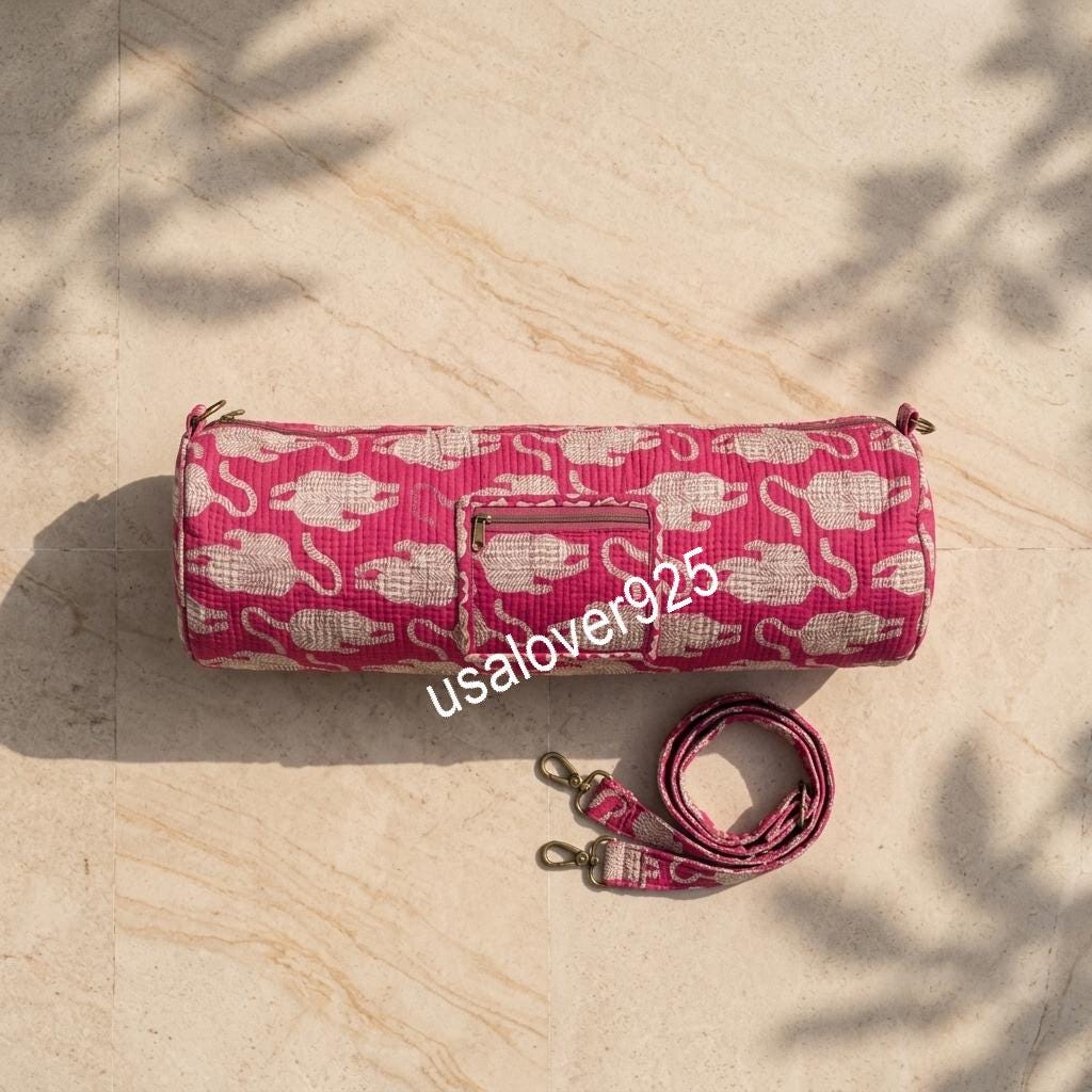Quilted Cotton Yoga Mat Bag, Pink Tiger Print, Crossbody Sling Carrier, Zipper Pocket