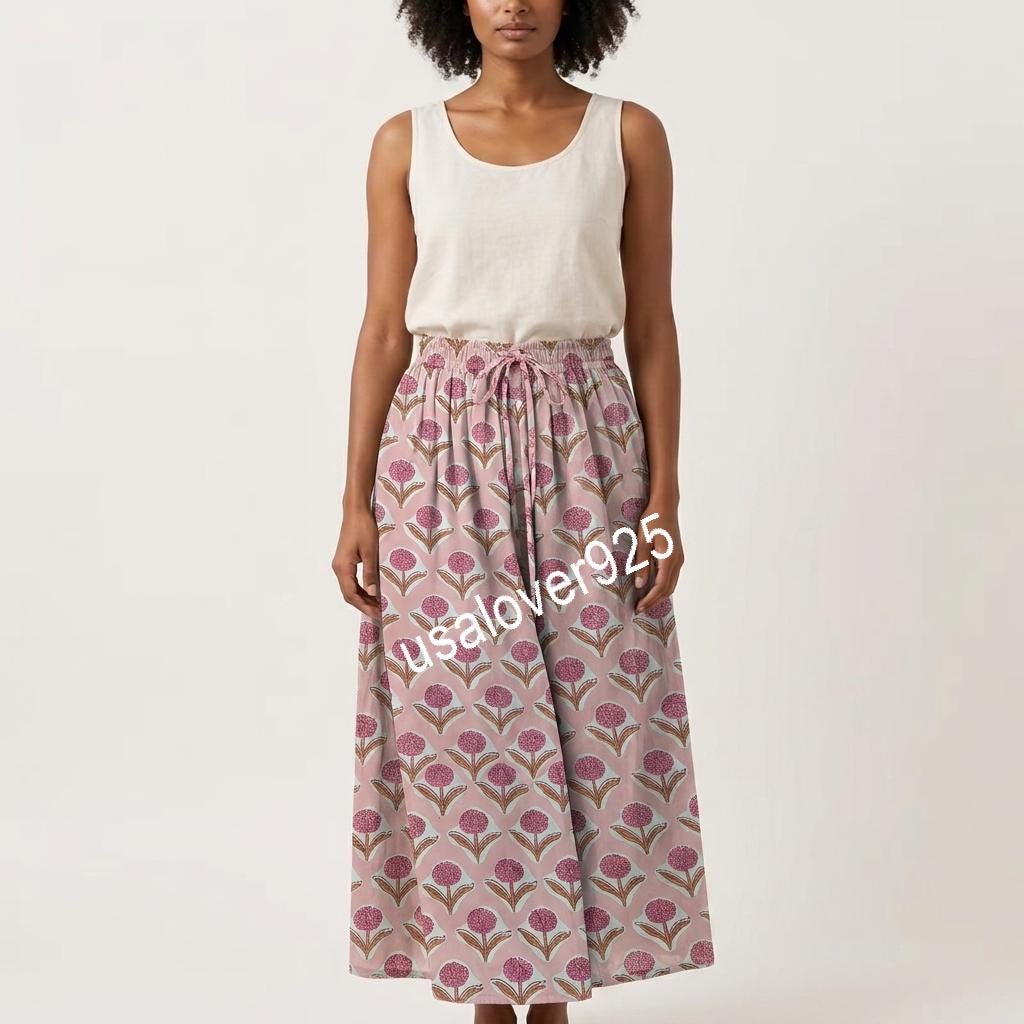 Handmade Cotton Maxi Skirt, Pink Floral Boho, Long Flared Summer Apparel, Elastic Waist Pockets